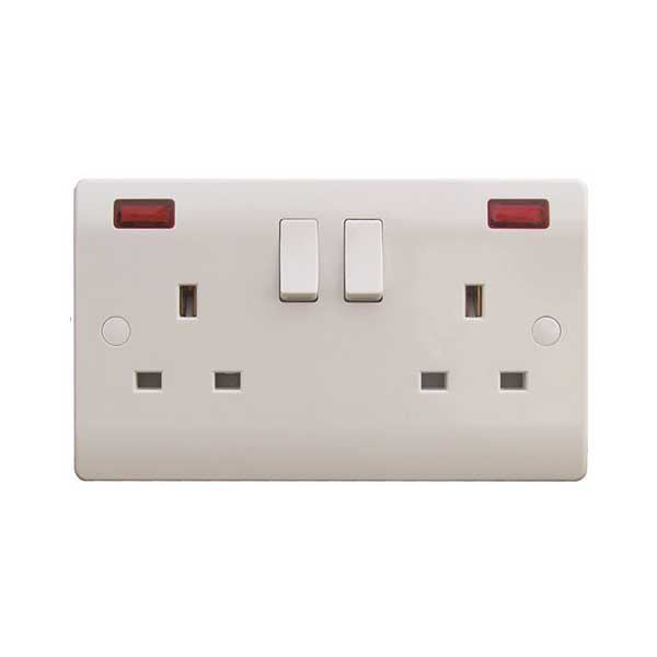 2 Gang 13A White Switched Socket With Neon Indicators